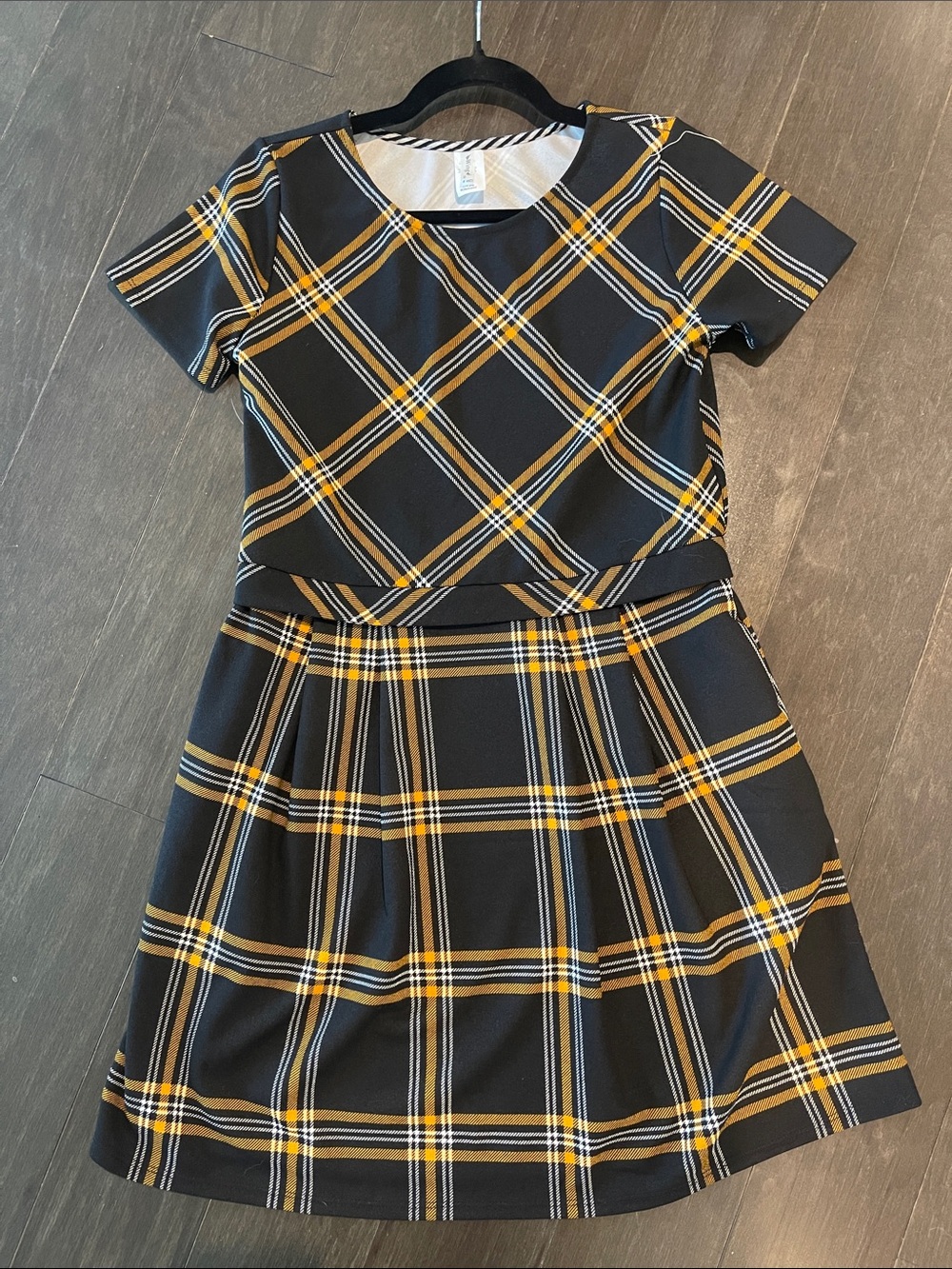 Black Plaid Short-Sleeve Fit & Flare Dress with Yellow Accents